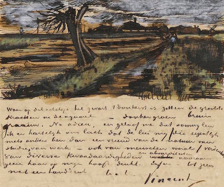 letter from vincent v an gogh to his brother, showing the sketch of a three and a field