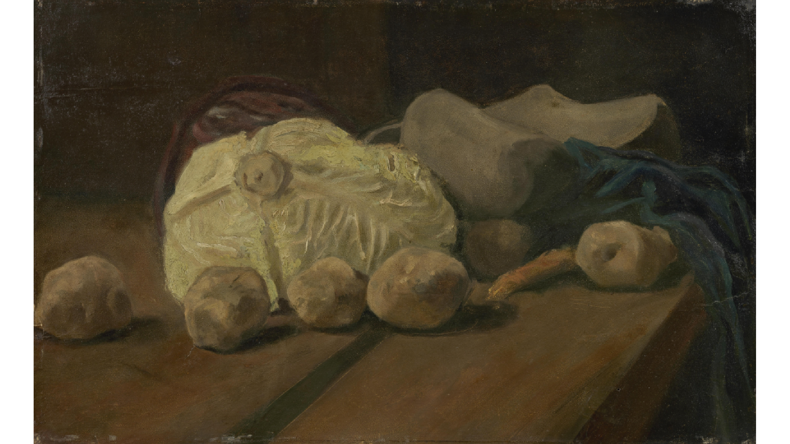 oil painting, showing a cabbage and some clogs over a table, brown-ish tones