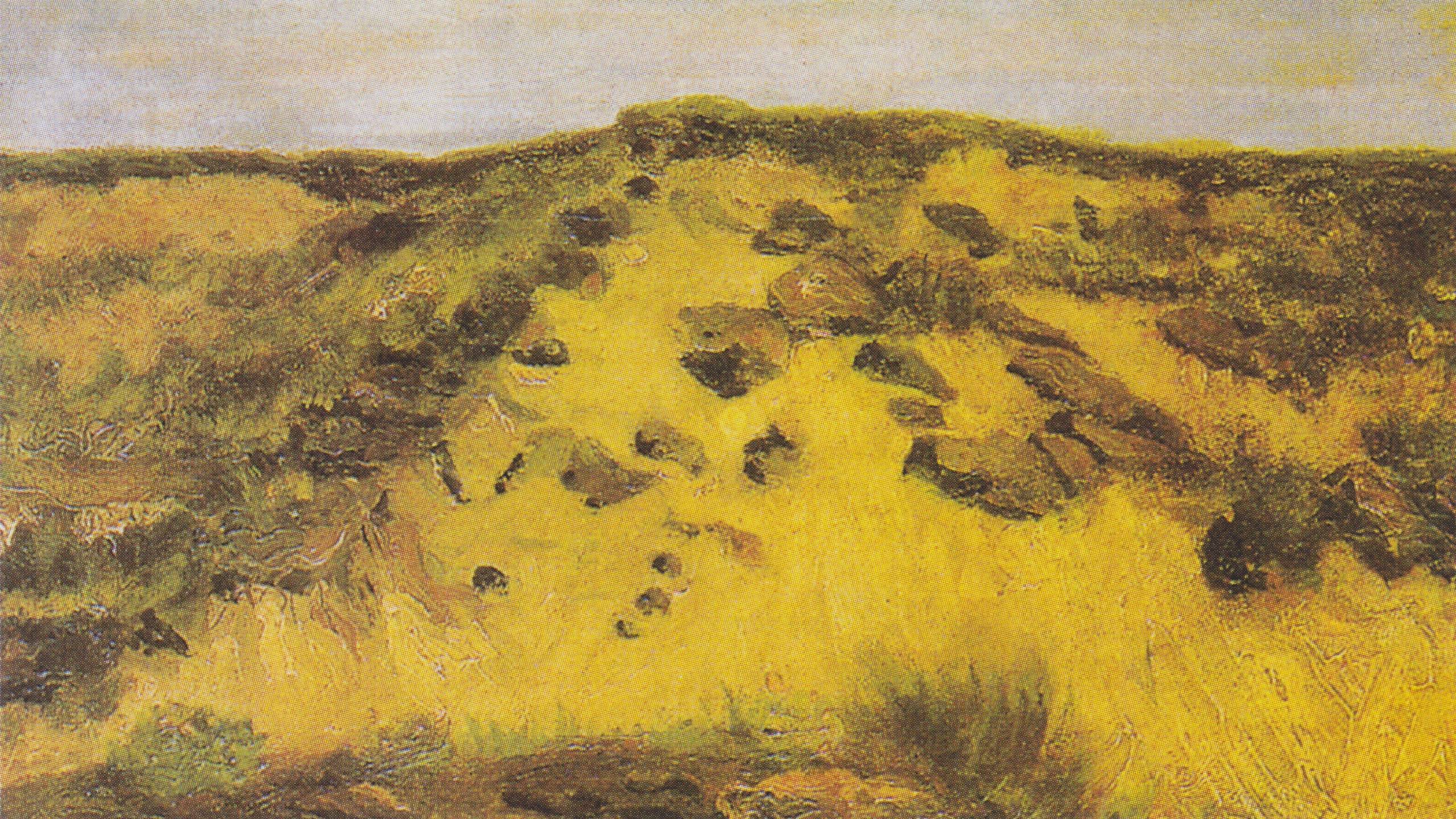 oil painting of dunes, yellow tones, with some rocks on it.