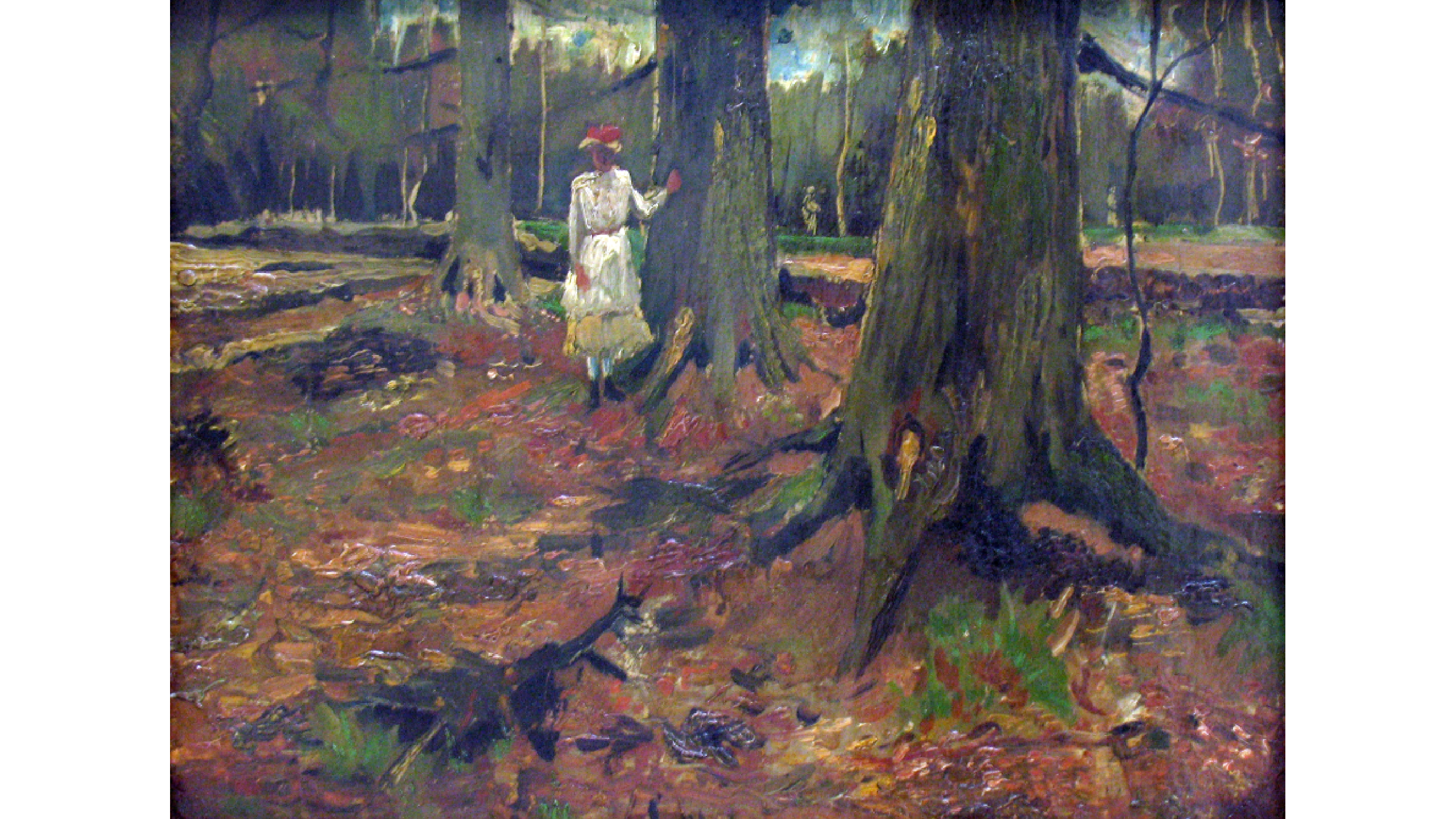 oil painting, shows a wood with two trees on front an a girl wearing a white dress and a red hat.