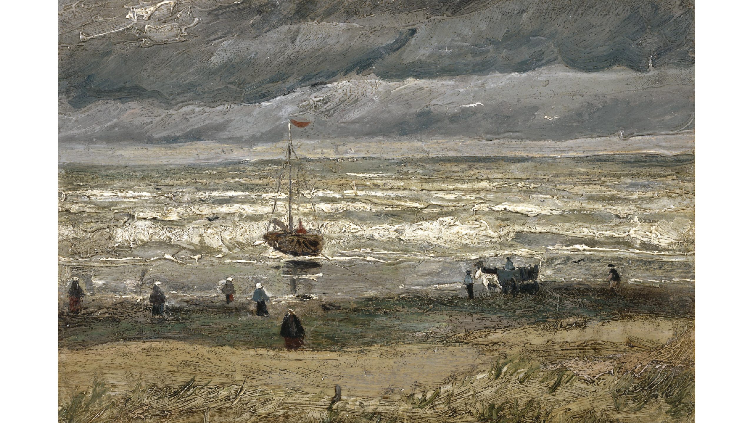 oil painting of a beach, in grey tones, cloudy sky, people is on the shore and one ship on the waves.