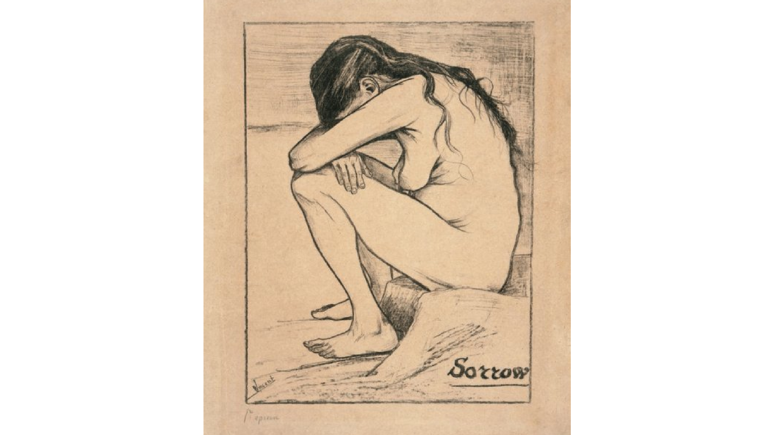 drawing of women naked, hugging her legs, looks sad.