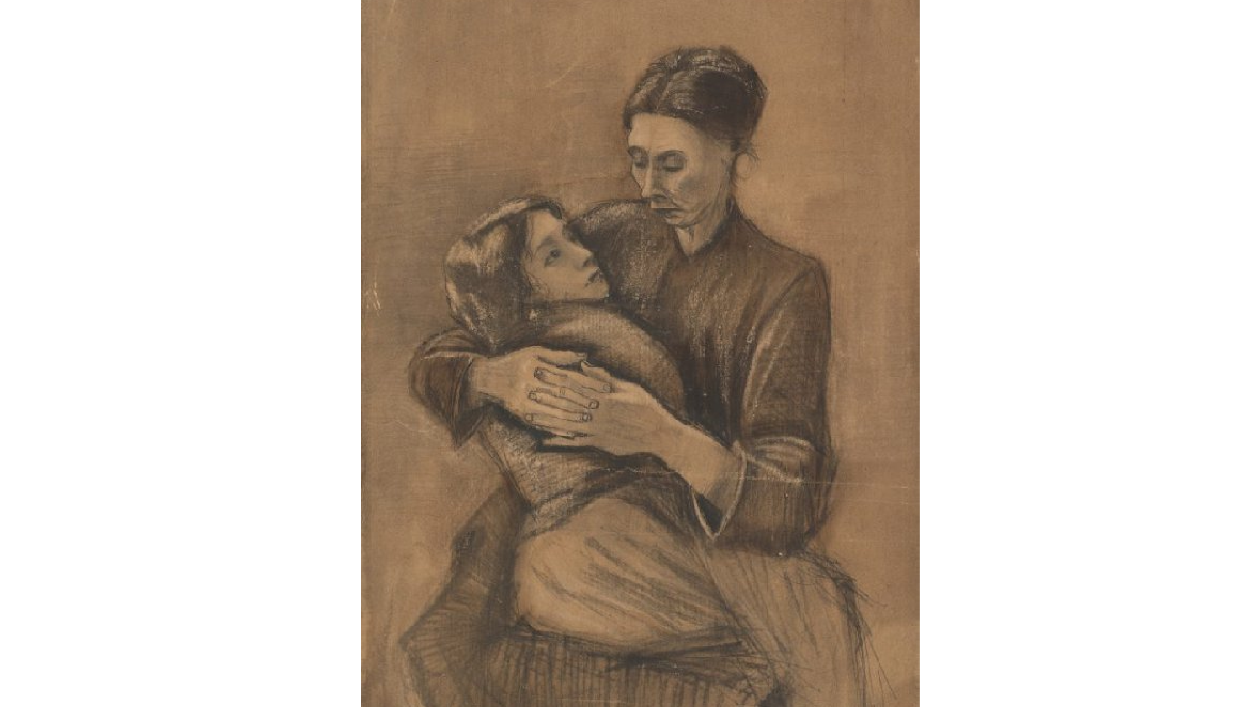 drawing of a woman using a bun an a dress with a child on her arms, both sharing a look.