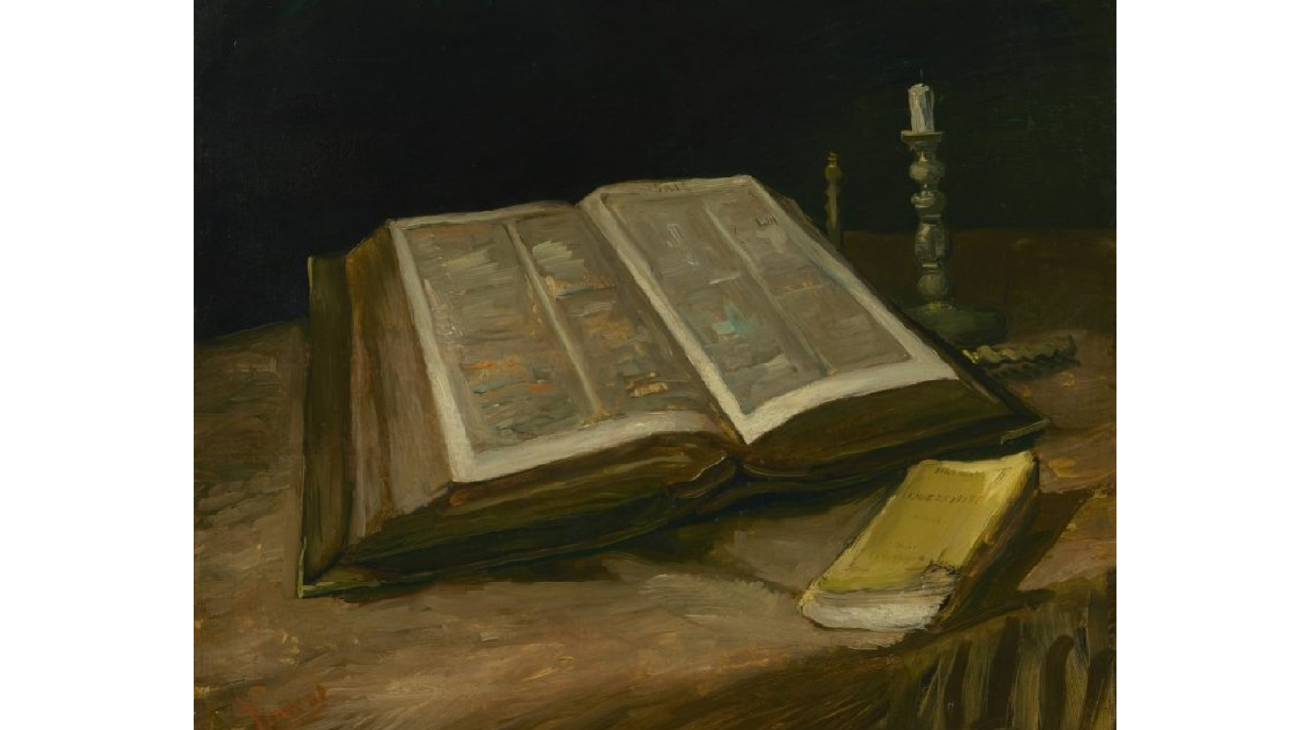 painting of a bible open, over a table, by the right is another smaller book, in yelow color, also is a candle in a candlestick.