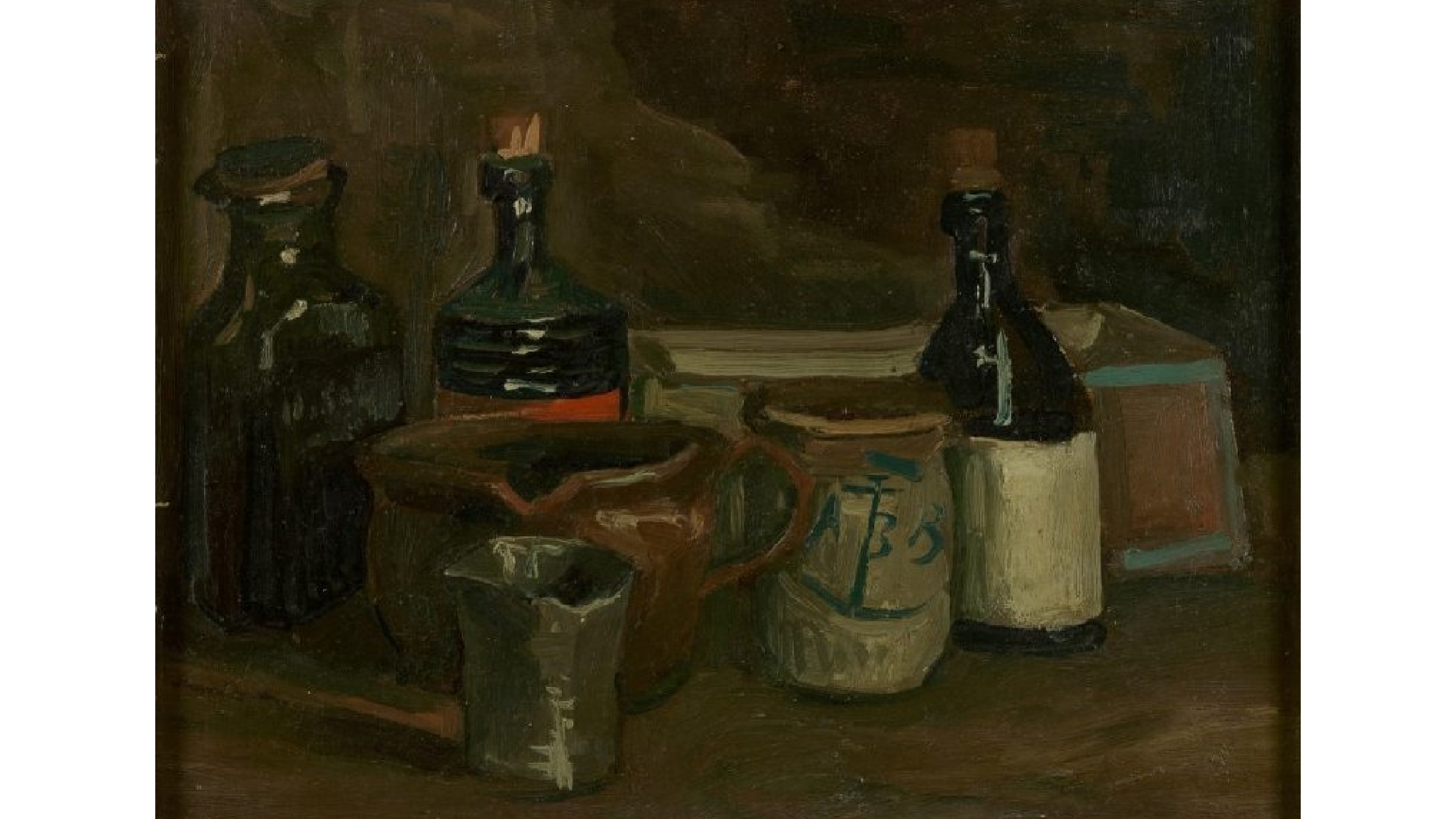oil painting, over table there are some bottles an a vase.