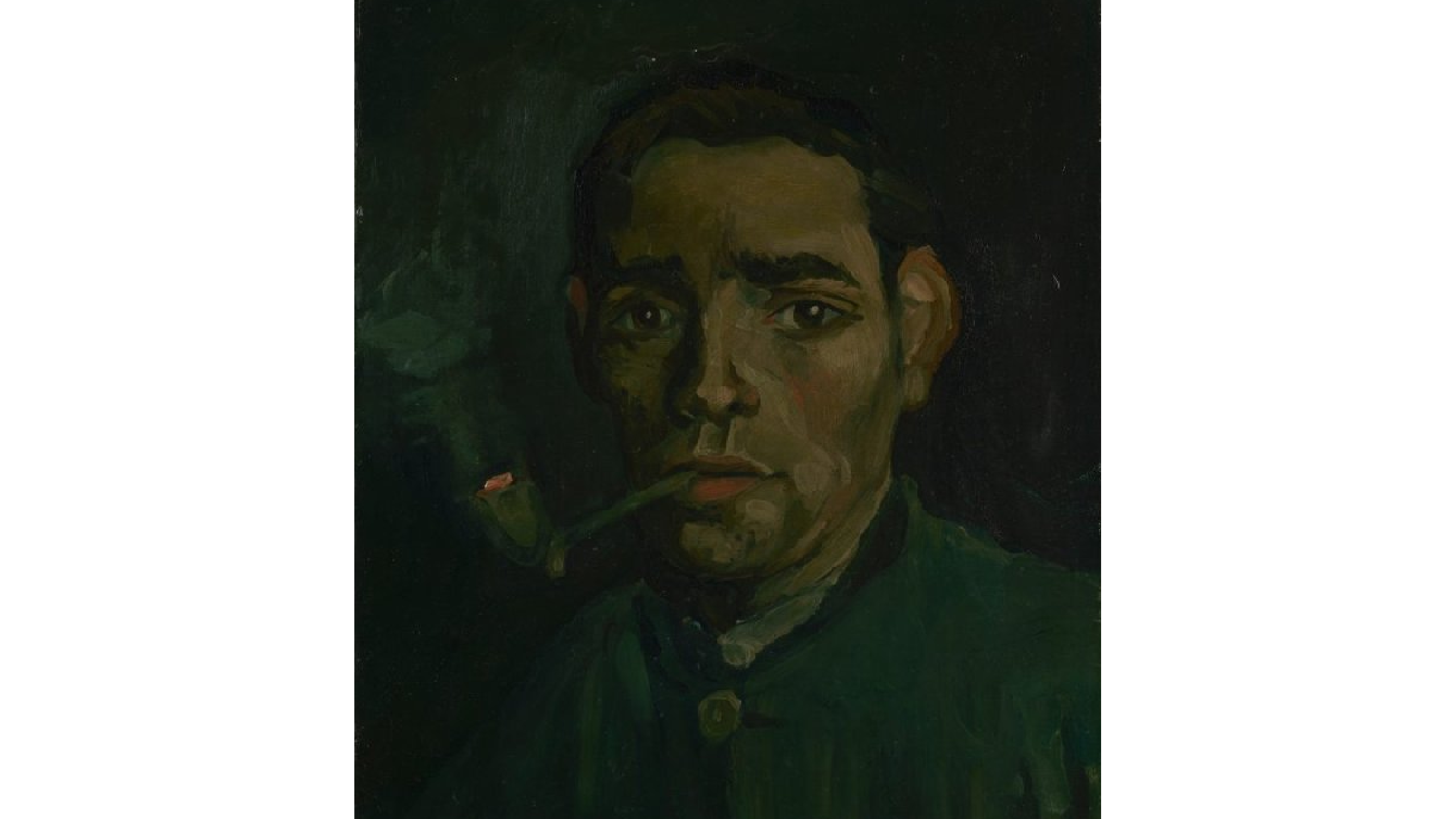 Portrait of a man, short hair, with a smoking pipe on his mouth.