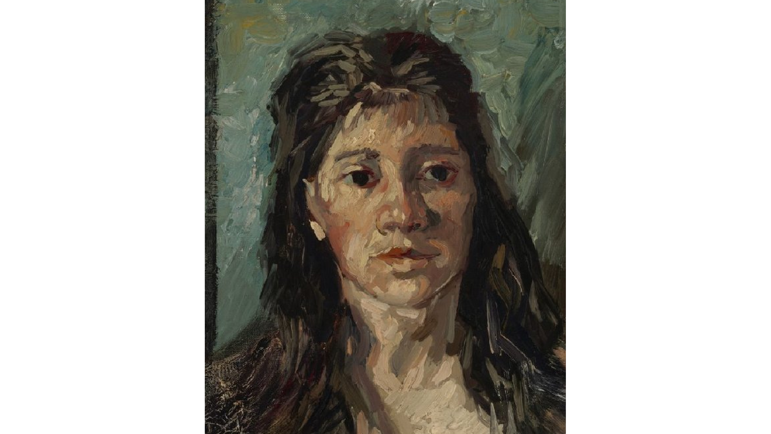 oil painting, shows a young woman wiwth brown hair, loose.