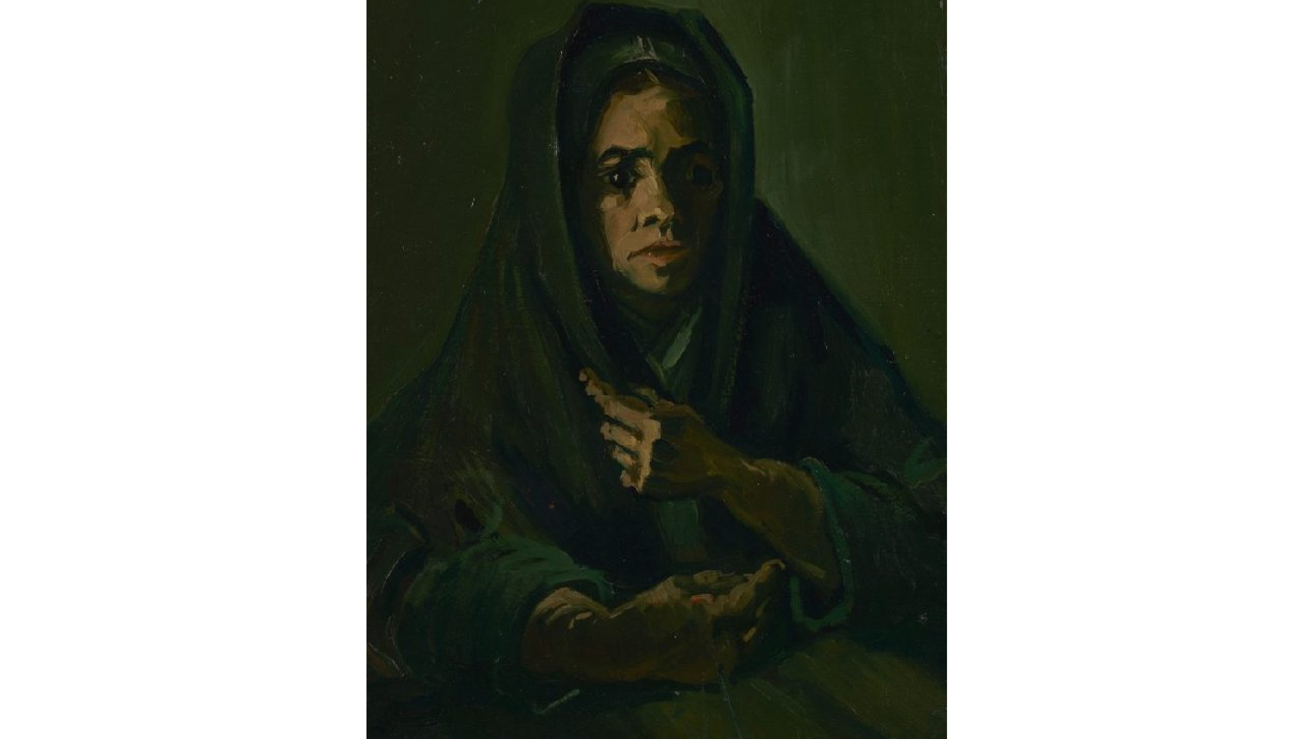 portrait of a woman, oil on canvas, wearing a shawl over her head, covering her hair.