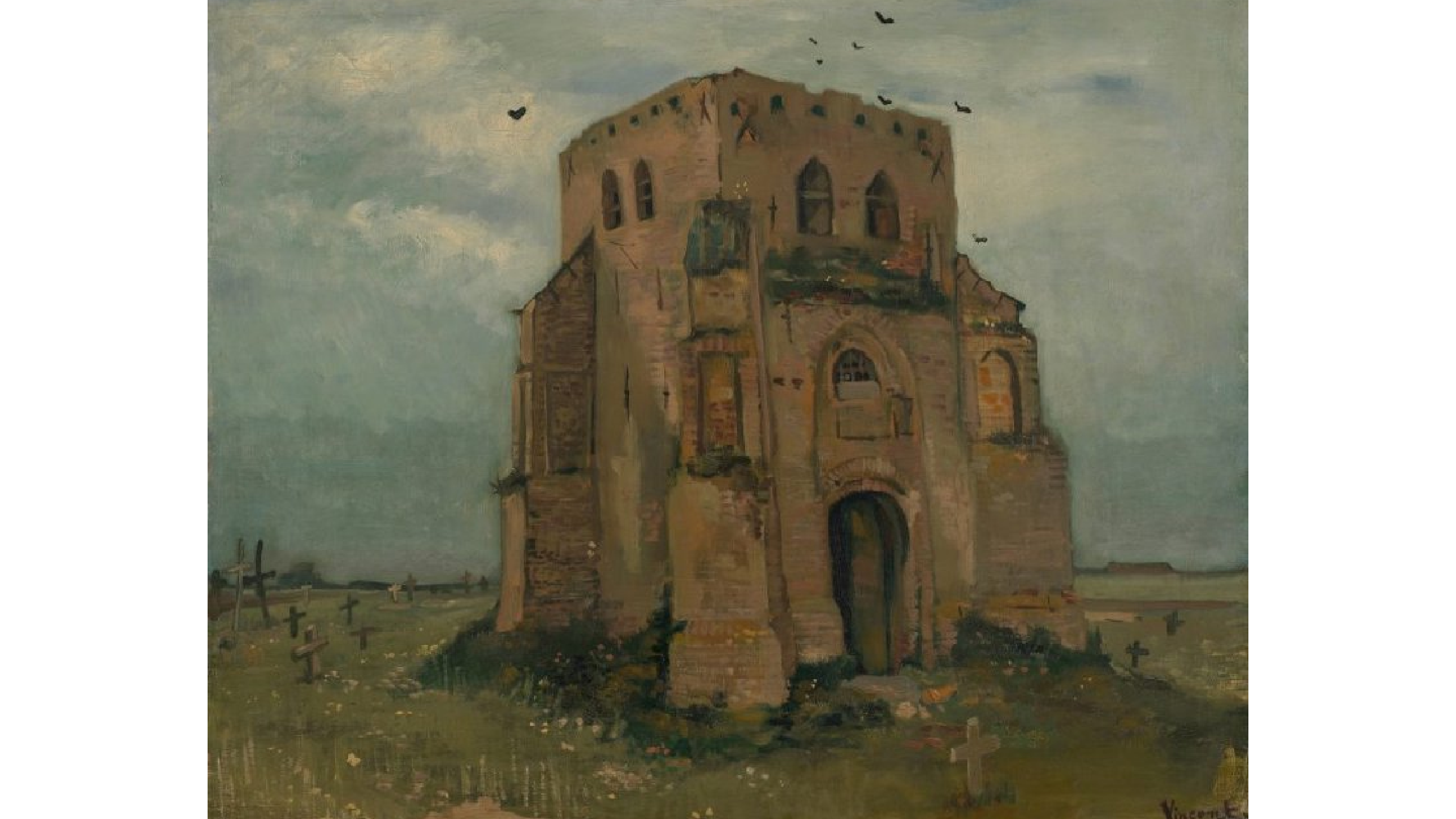 oil painting, shows a old church, made of brick, it has a square shape. Over it there is some birds flying over the church, behind it a cloudy sky.