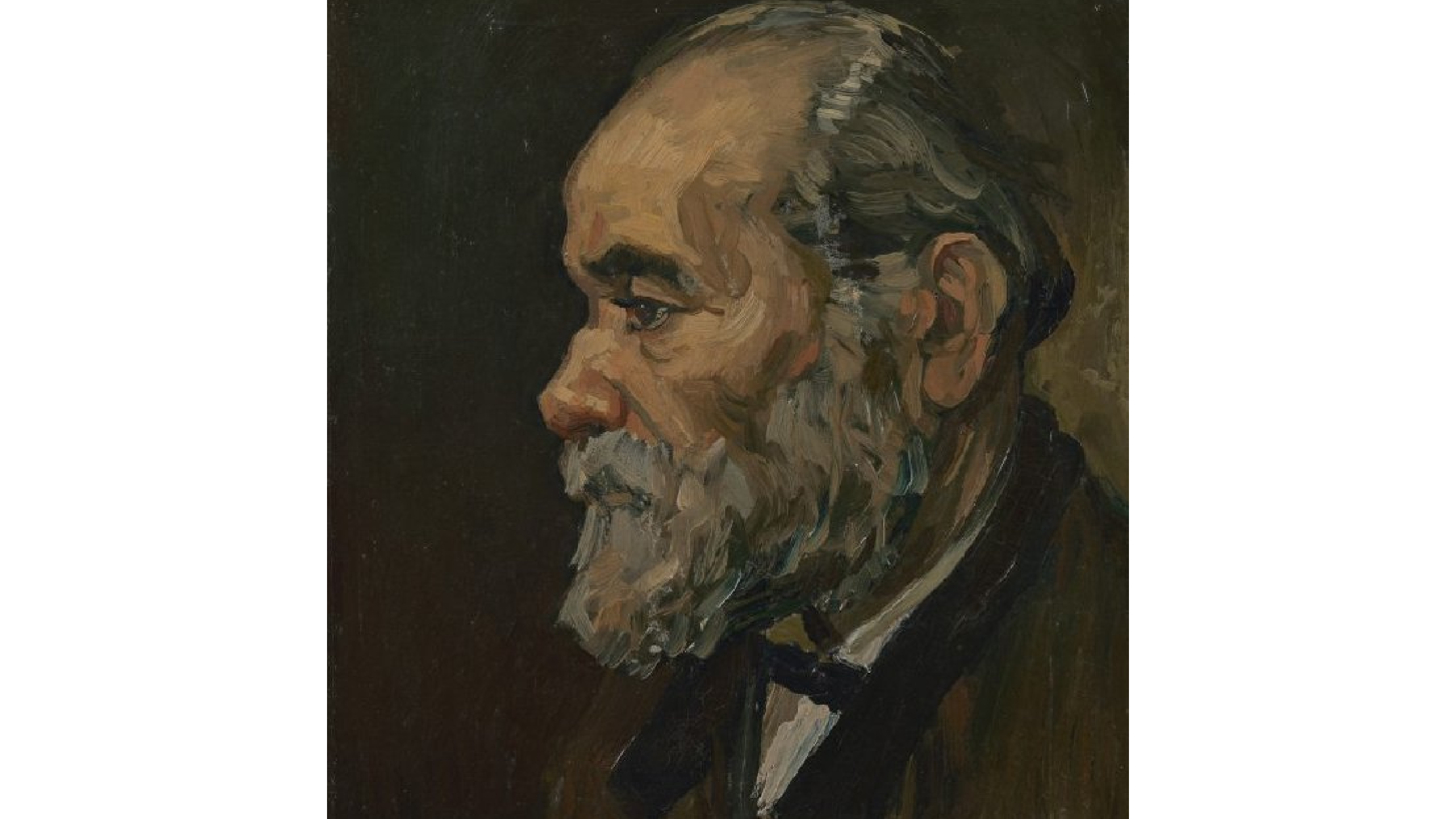 portrait of an old man, showing the left profile of the man, he has grey hair an a beard. 