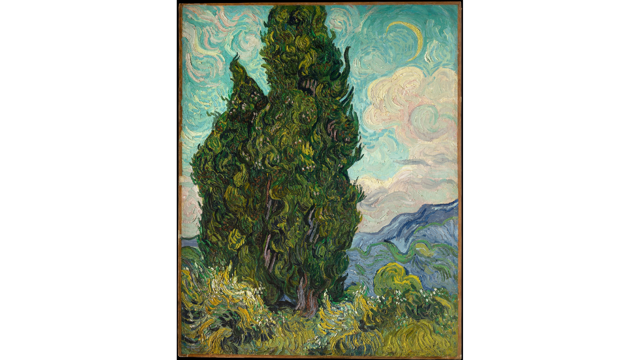 Oil painting of to cipresses and the moon is on the sky in the background. 