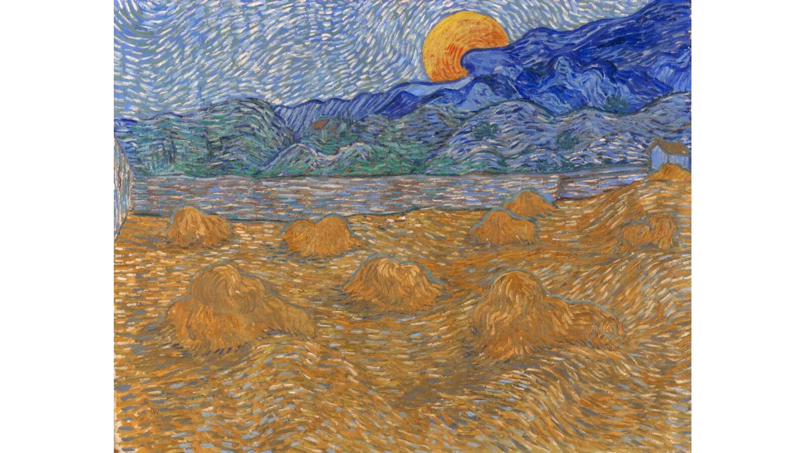 painting of a field, with the moon rising in the sky behind the clouds.