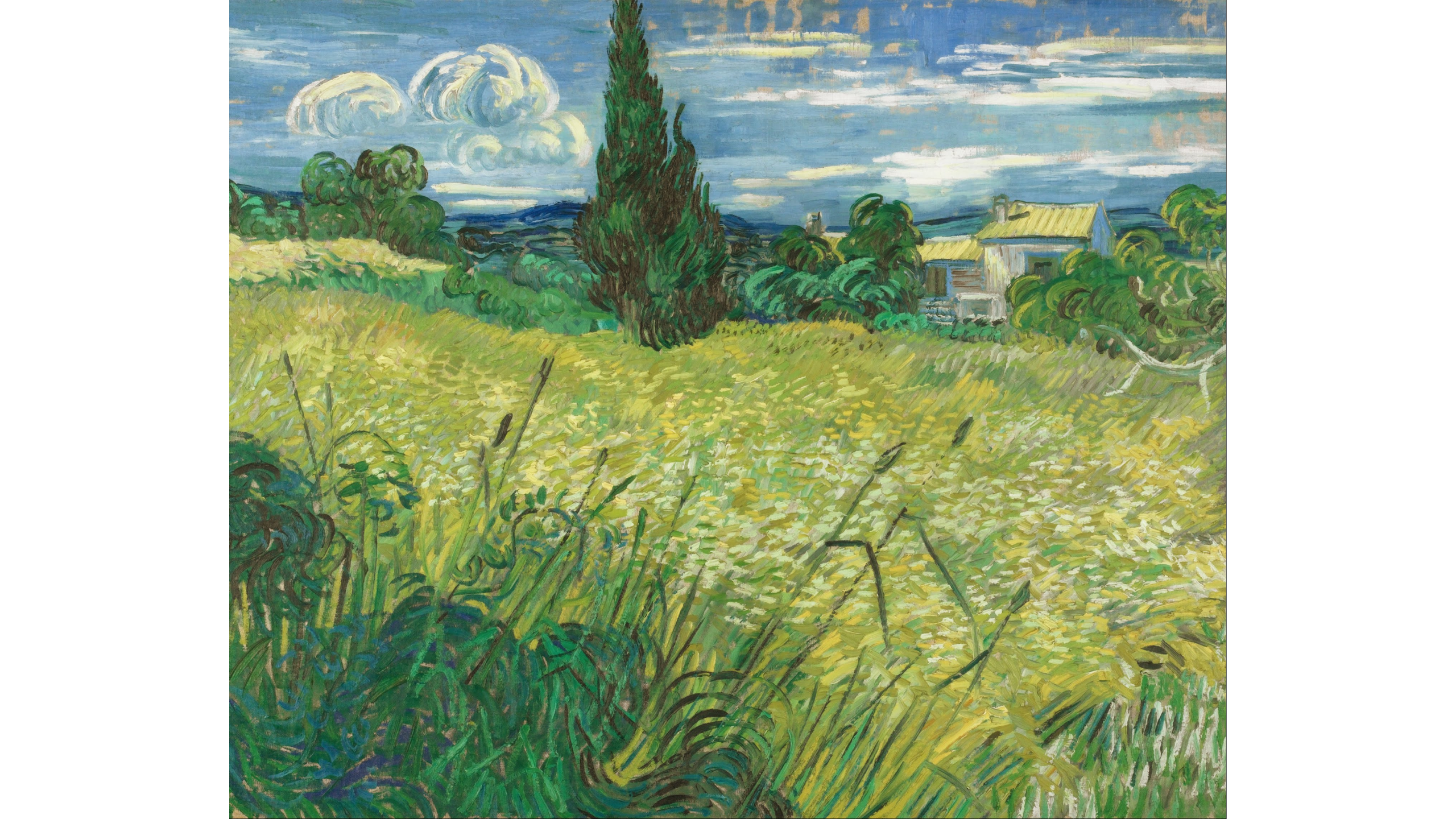 painting of a green field with cipresses in the background. 