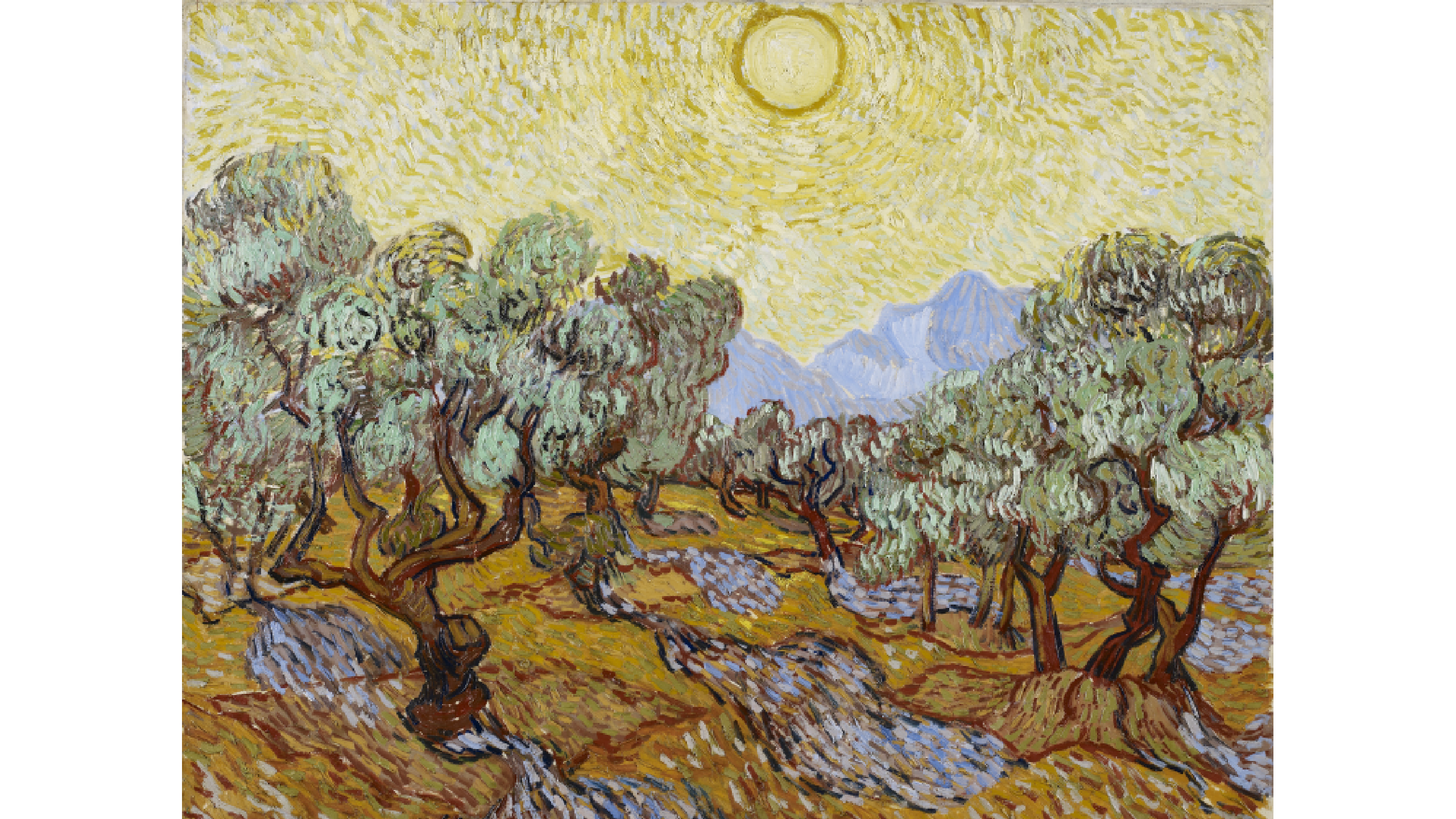 Oil painting of olive trees under the sun, the sky is yellow.
