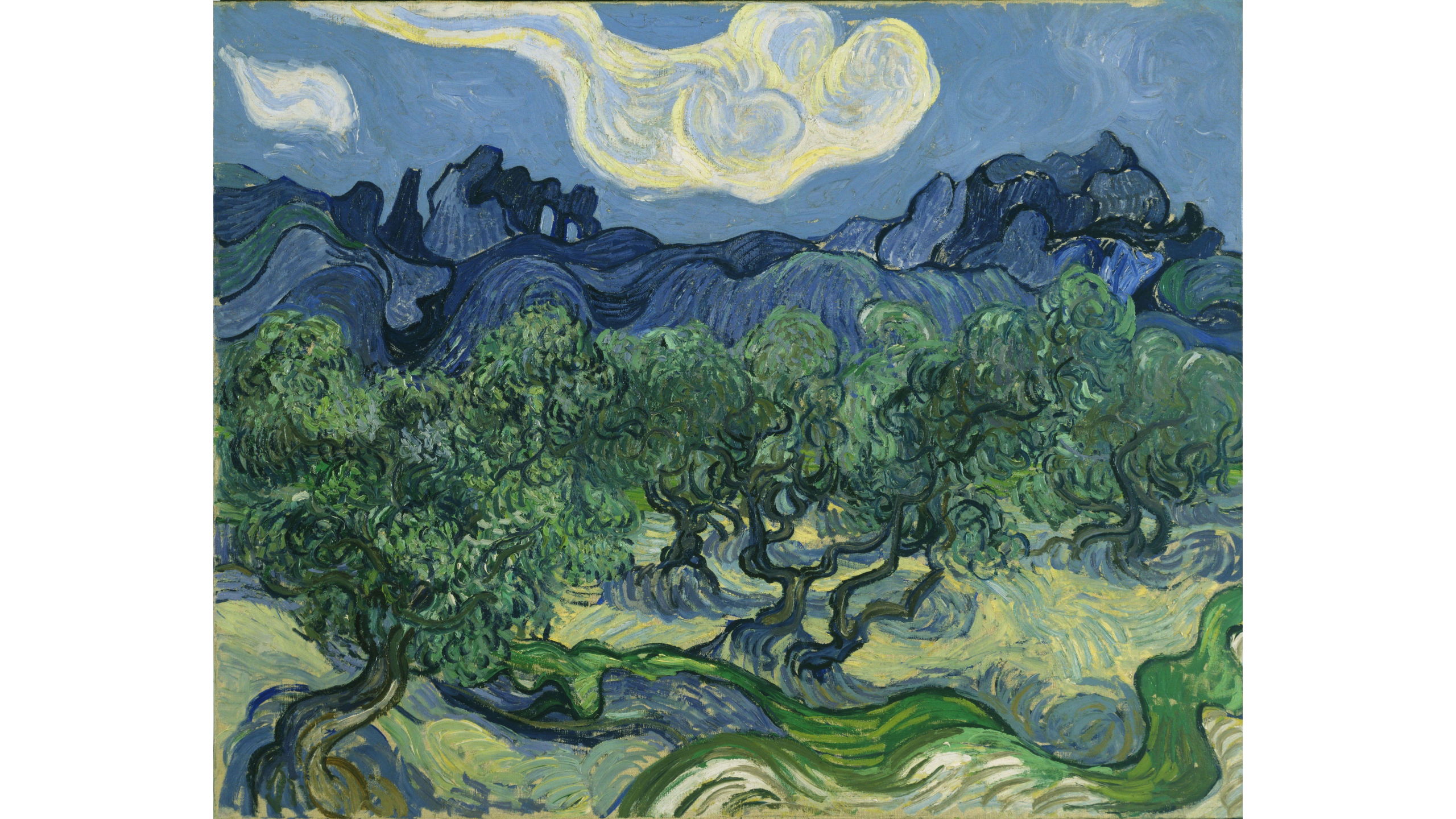 Oil painting of olive trees in a field, in the background there are mountains.