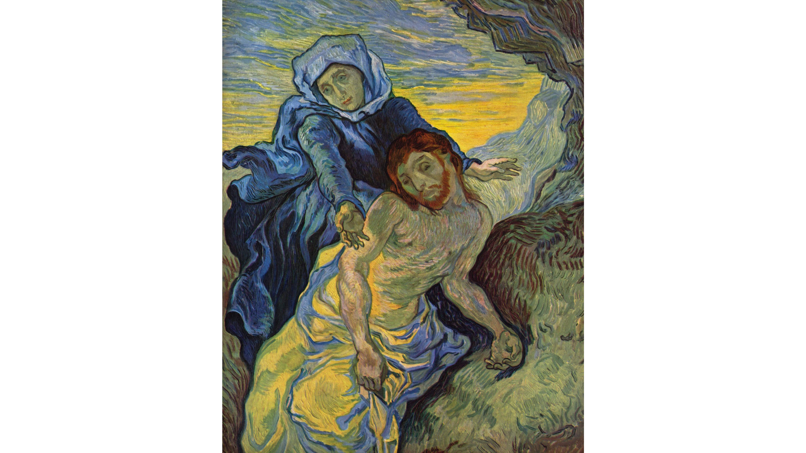 Oil painting of Mary holding the cadaver of Jesus.