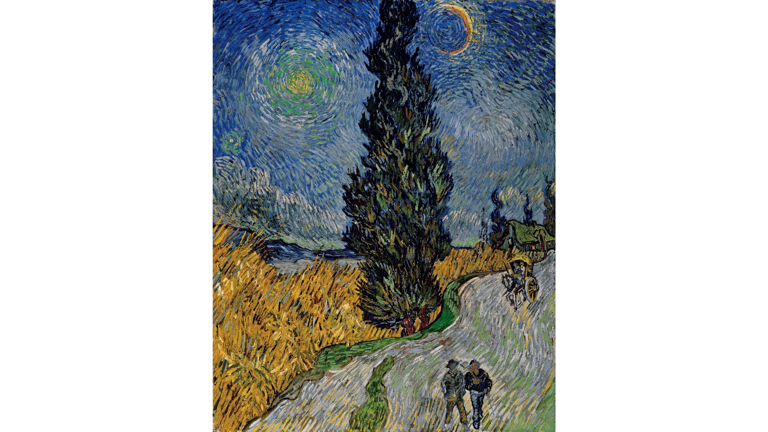 Oil painting of a road, with one cipress tree, the field in on the side and rising moon on the sky.