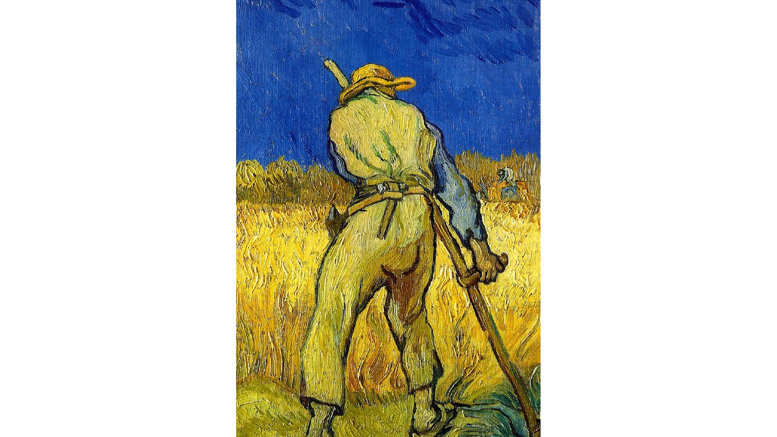 Oil painting of a riper in a field, the paint is on yellow tones, blue sky.