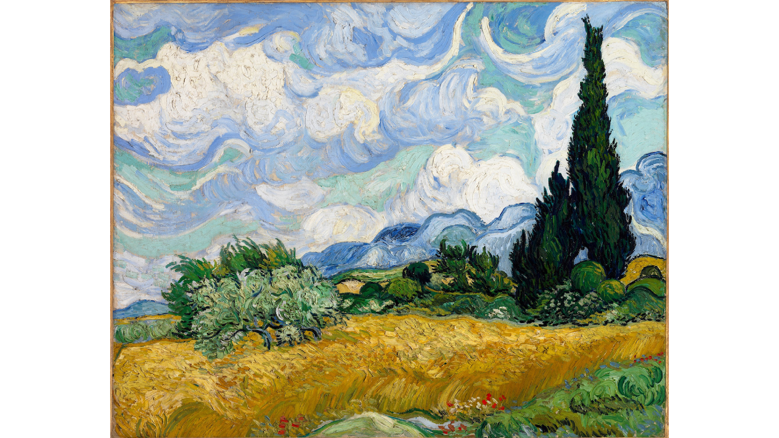  Oil painting of a wheat field with a cipress treee on the right. cloudy sky in the background.