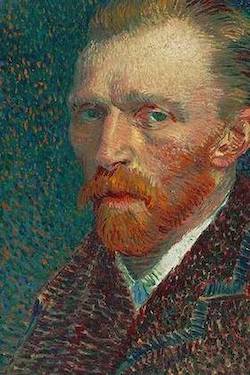 self-portrait of van gogh, he has red hair, mustache and beard, the background is teal.