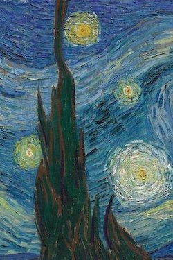 painting of the view of the town, there is a starry sky, and crescent moon.