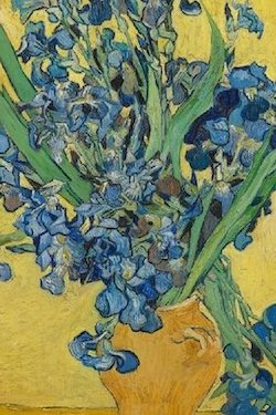 painting of a yellow vase full of blue flowers