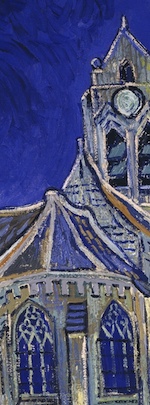 oil painting of a church, blue sky in the background