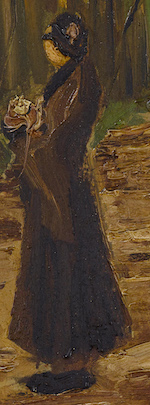 woman in a forest, brown tones, oil painting. 