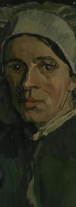 portrait of a woman, brown tones, using a white hat. 