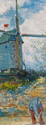 windmill in blue tones, sky in the background has a few clouds. A man is on the front. 